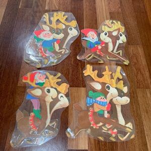 4pc Vtg Elves Riding 8 Reindeer Diecut Christmas Decor Flocked*Laminated70s